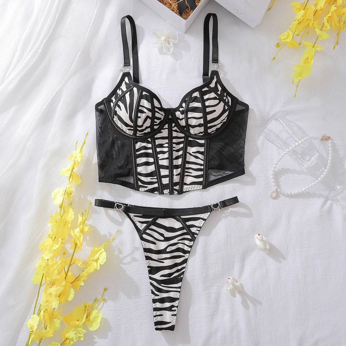 Fancy Zebra Print Mesh 2Pcs Lingerie Set
