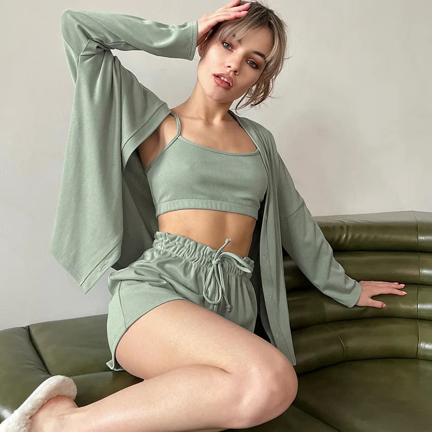 Casual 3-piece Knitted Pajama Set
