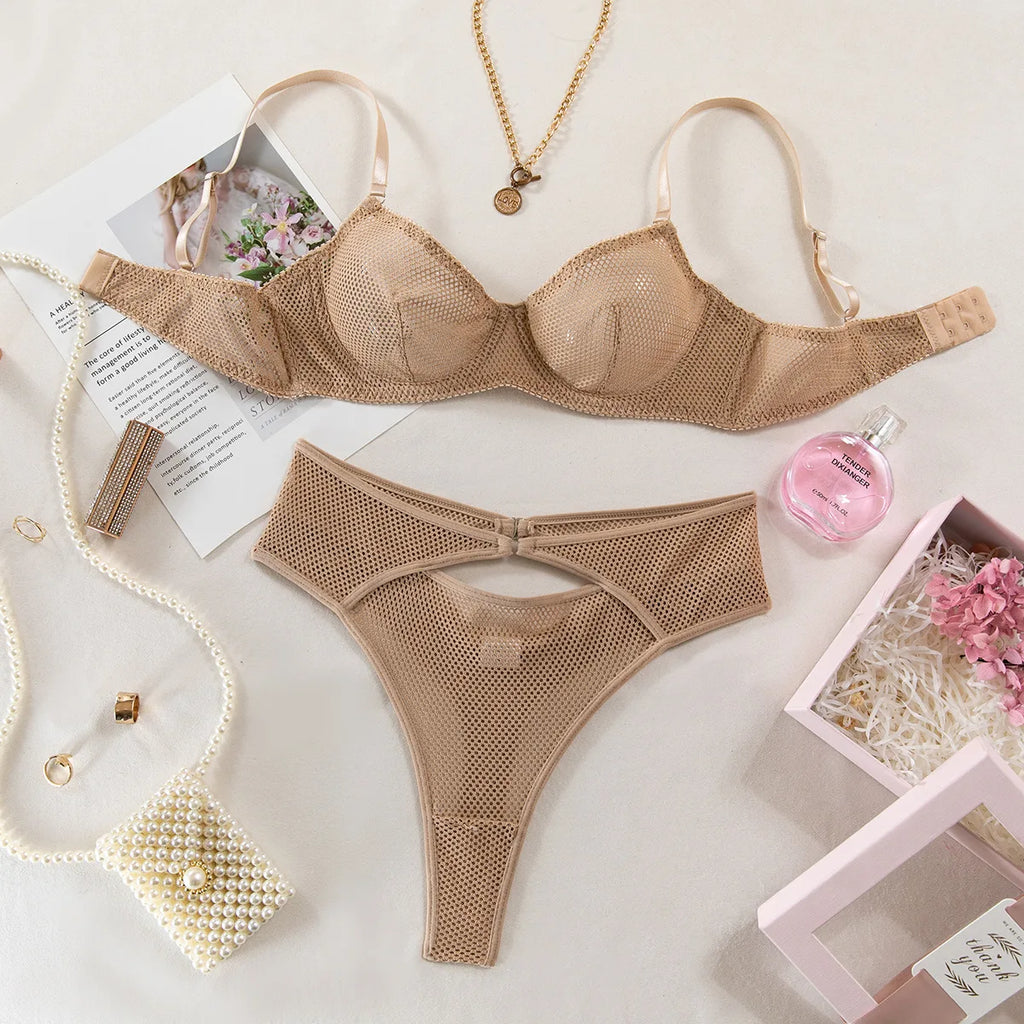 Sensual Mesh Khaki French Bra Set