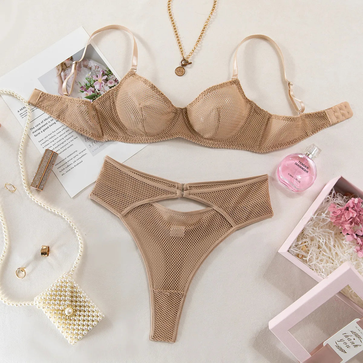 Sensual Mesh Khaki French Bra Set