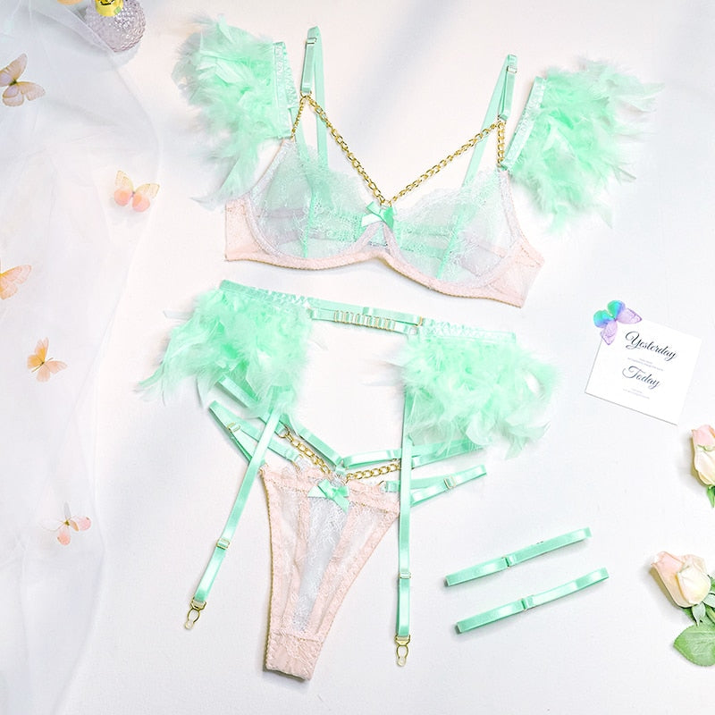 Feather Lace 3Pc Transparent Metal Chain Bra Set