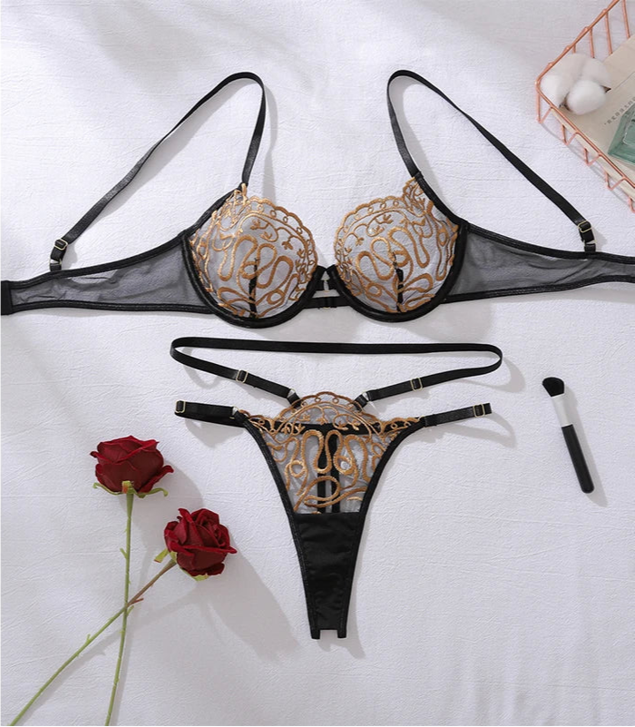 Exotic Gold Embroidered 2PC Bra Set