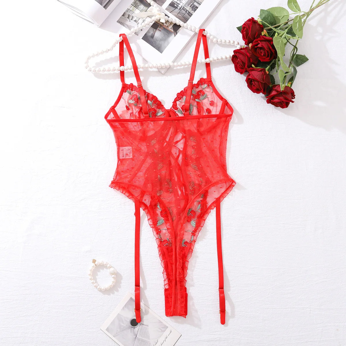 Red Cherry Lace Corset Lingerie Set