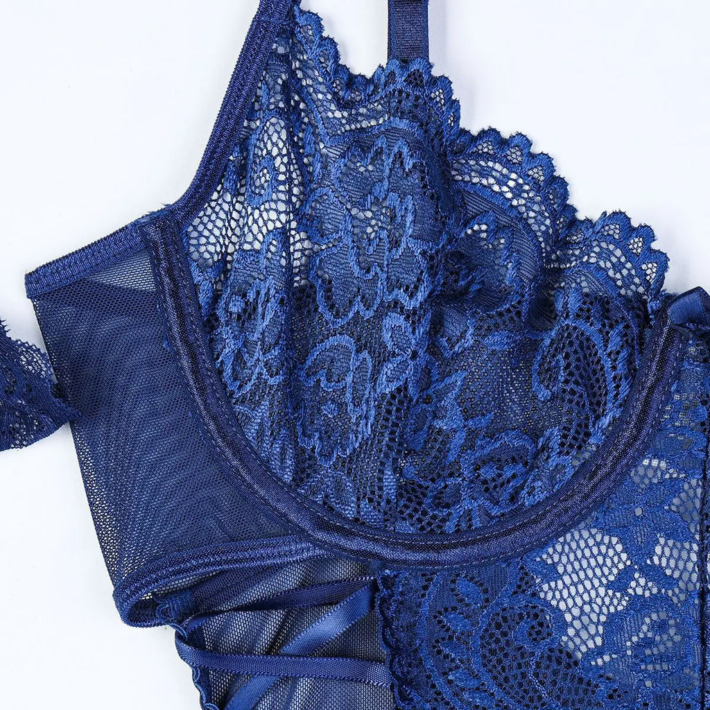 Fancy Blue Lace-Up Body Suit Lingerie