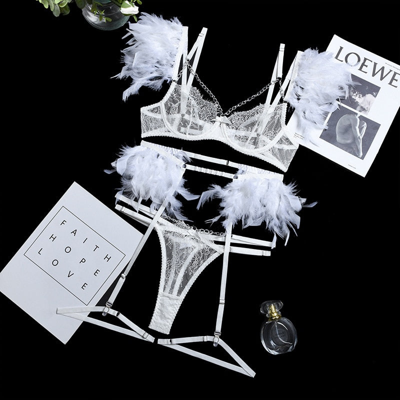 Feather Lace 3Pc Transparent Metal Chain Bra Set