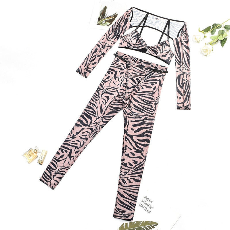 Exotic Zebra Print Fitted Sheer Bra & Legging Set