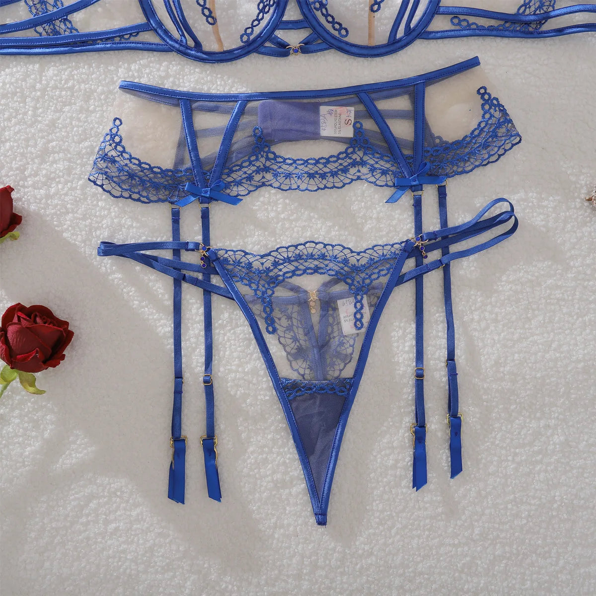 Royal Blue Bowknot Embroidered Sheer Suit