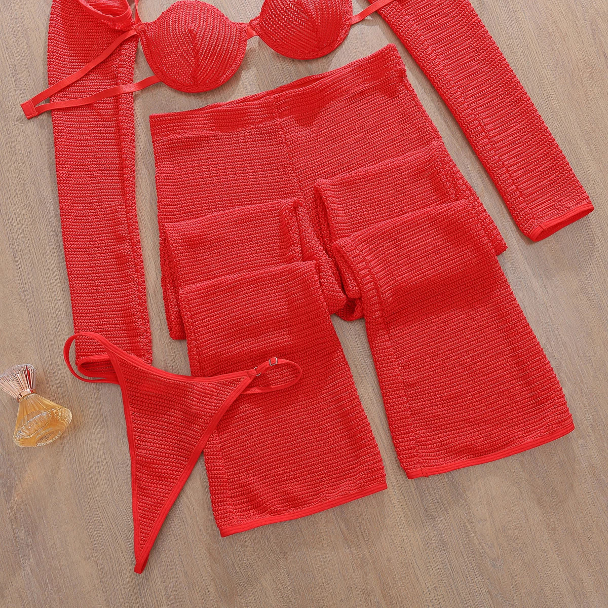 Romantic Red Cropped Crochet Lingerie Set