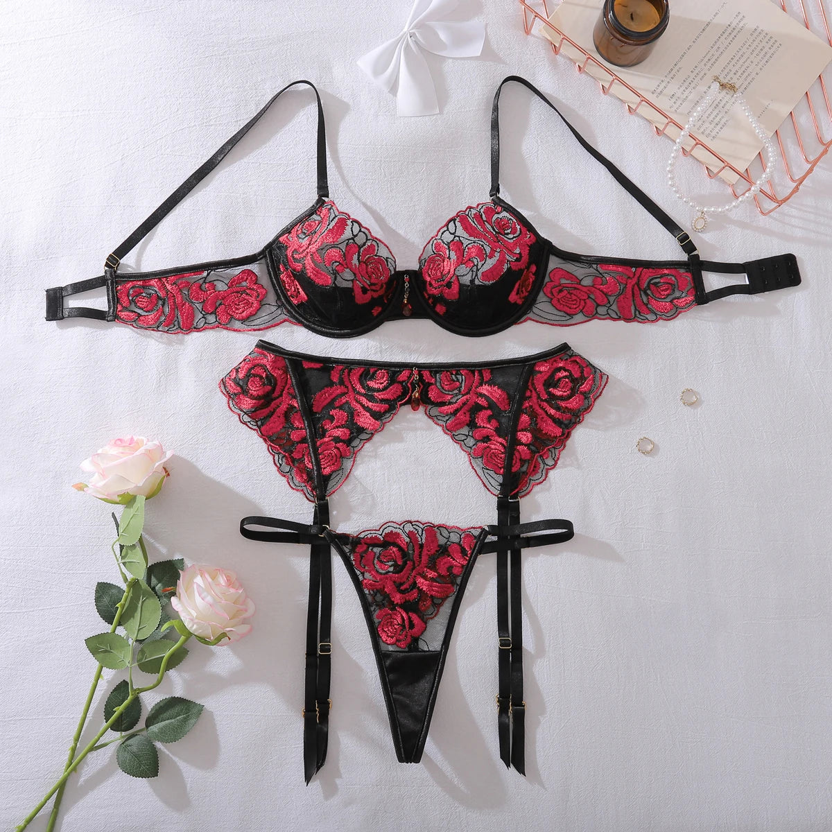 Elegant Red Rose Embroidered 3PC Set