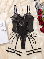 Black Leather Lace Patchwork Body Suit