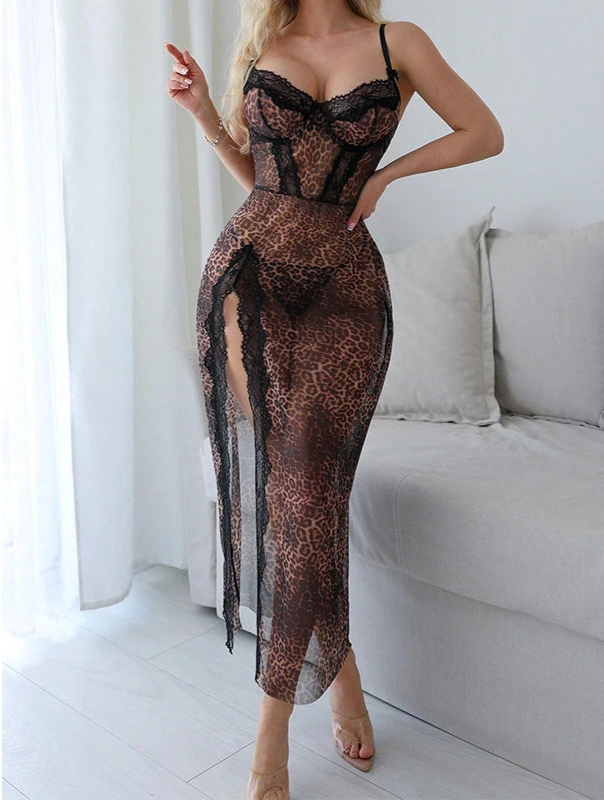 Seductive Long Leopard See Through Split Dress