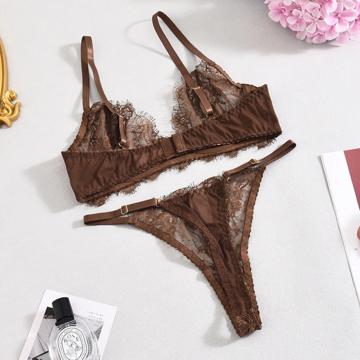 Sensual Coffee Feathered 3pcs Lingerie Set