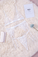 3pcs Lace Patch Strappy Bra Thong Lingerie Set with Garter Belt