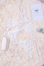 3pcs Lace Patch Strappy Bra Thong Lingerie Set with Garter Belt