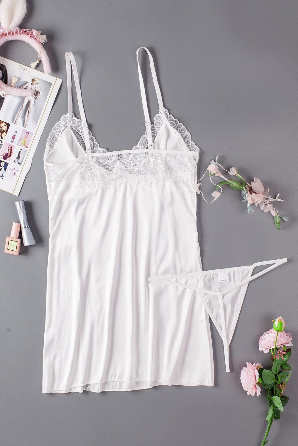 Lace Hollow Out Satin Babydoll