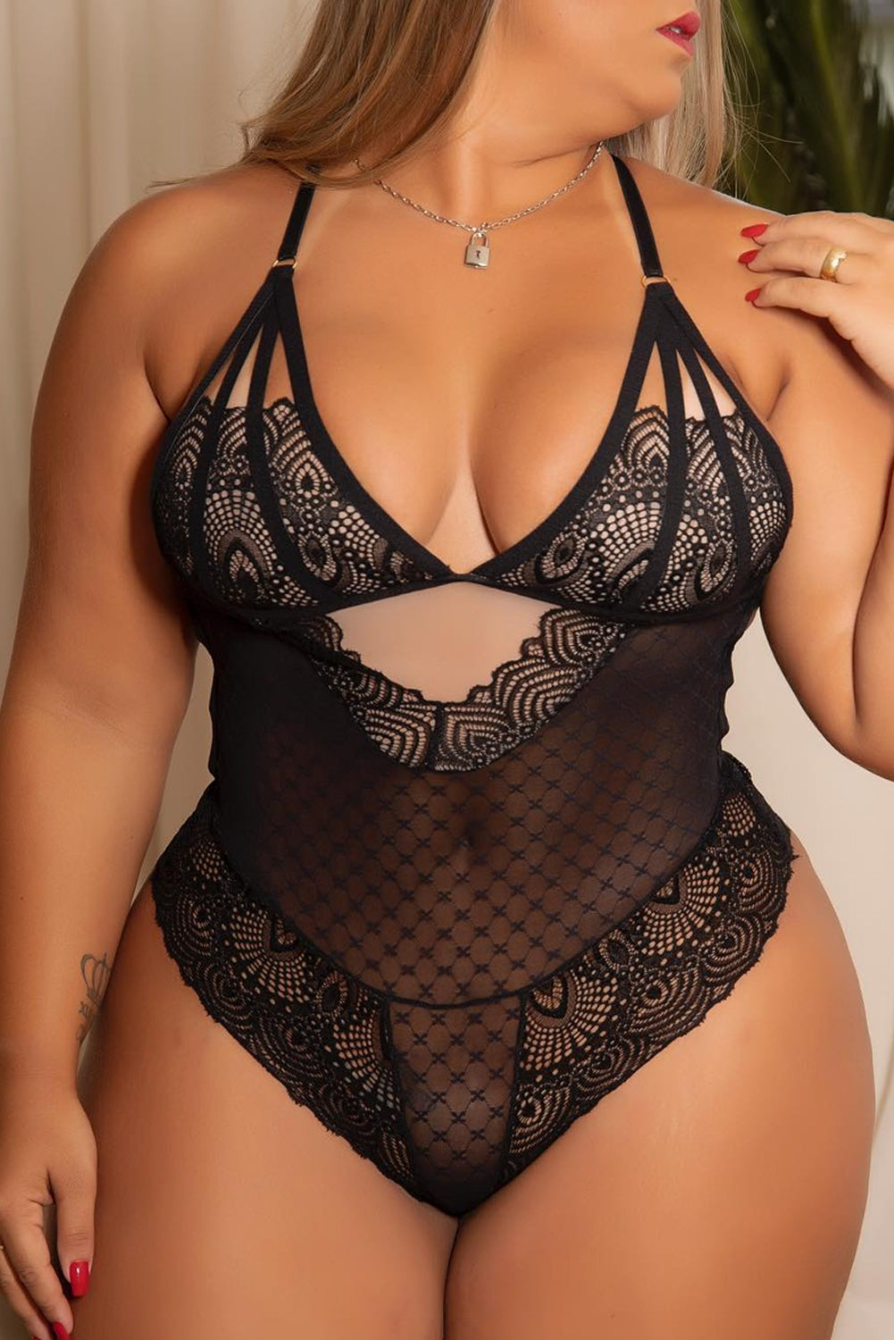 Strappy Hollow Out Floral Lace Plus Size Lingerie