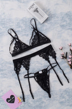 3pcs Lace Patch Strappy Bra Thong Lingerie Set with Garter Belt