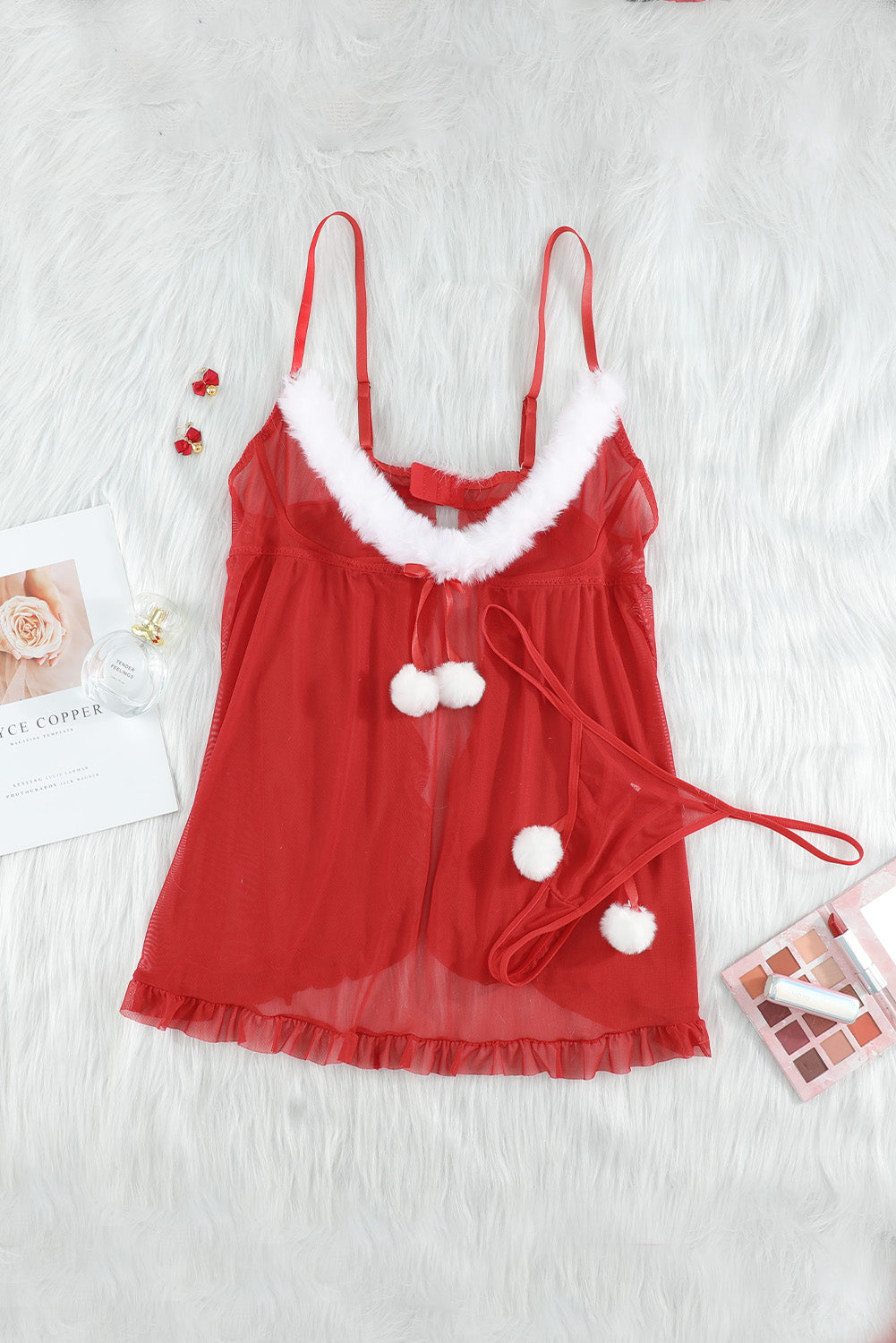 Plus Size Christmas Night Marabou Neckline Babydoll Set