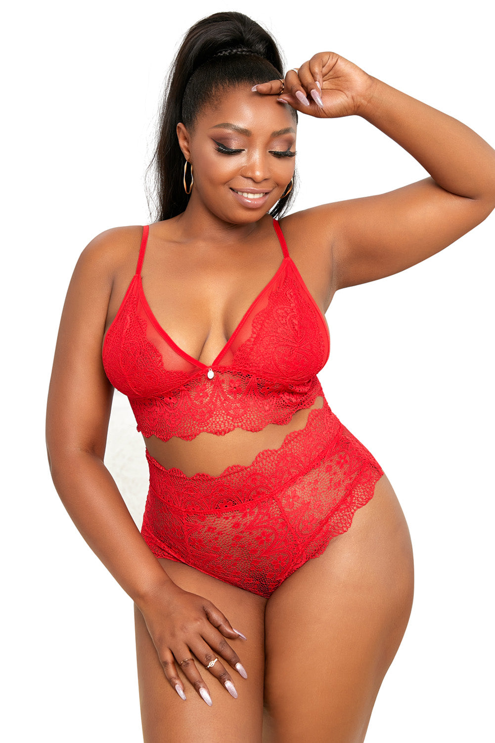 Plus Size Lace-up Ribbon Lace Bralette Set