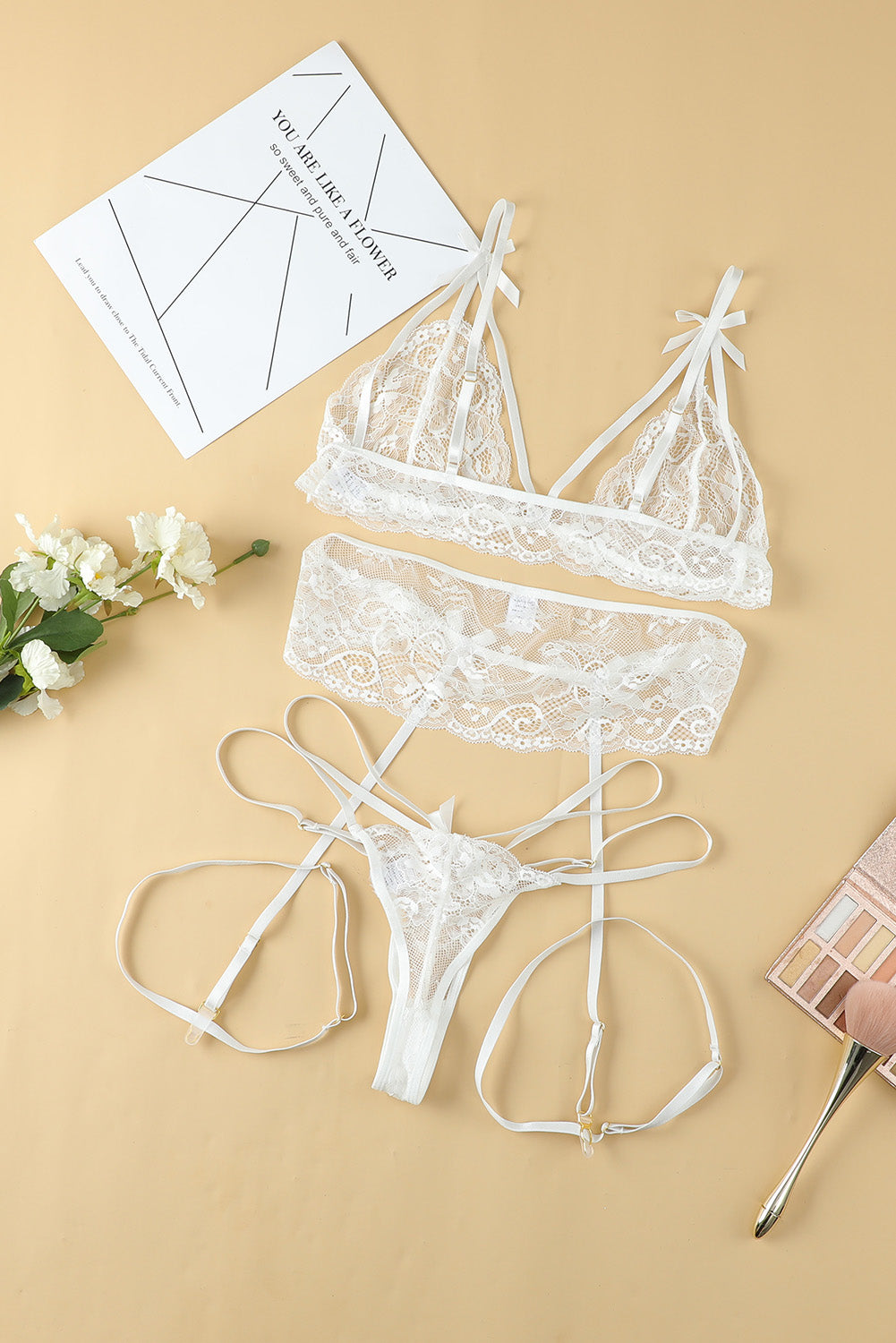 3pcs Strappy Bow Knot Lace Lingerie Set