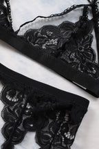 3pcs Lace Patch Strappy Bra Thong Lingerie Set with Garter Belt