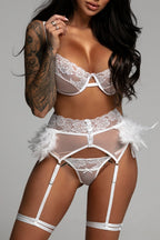 3pcs Lace Mesh Lingerie Set with Feather Garter Belt
