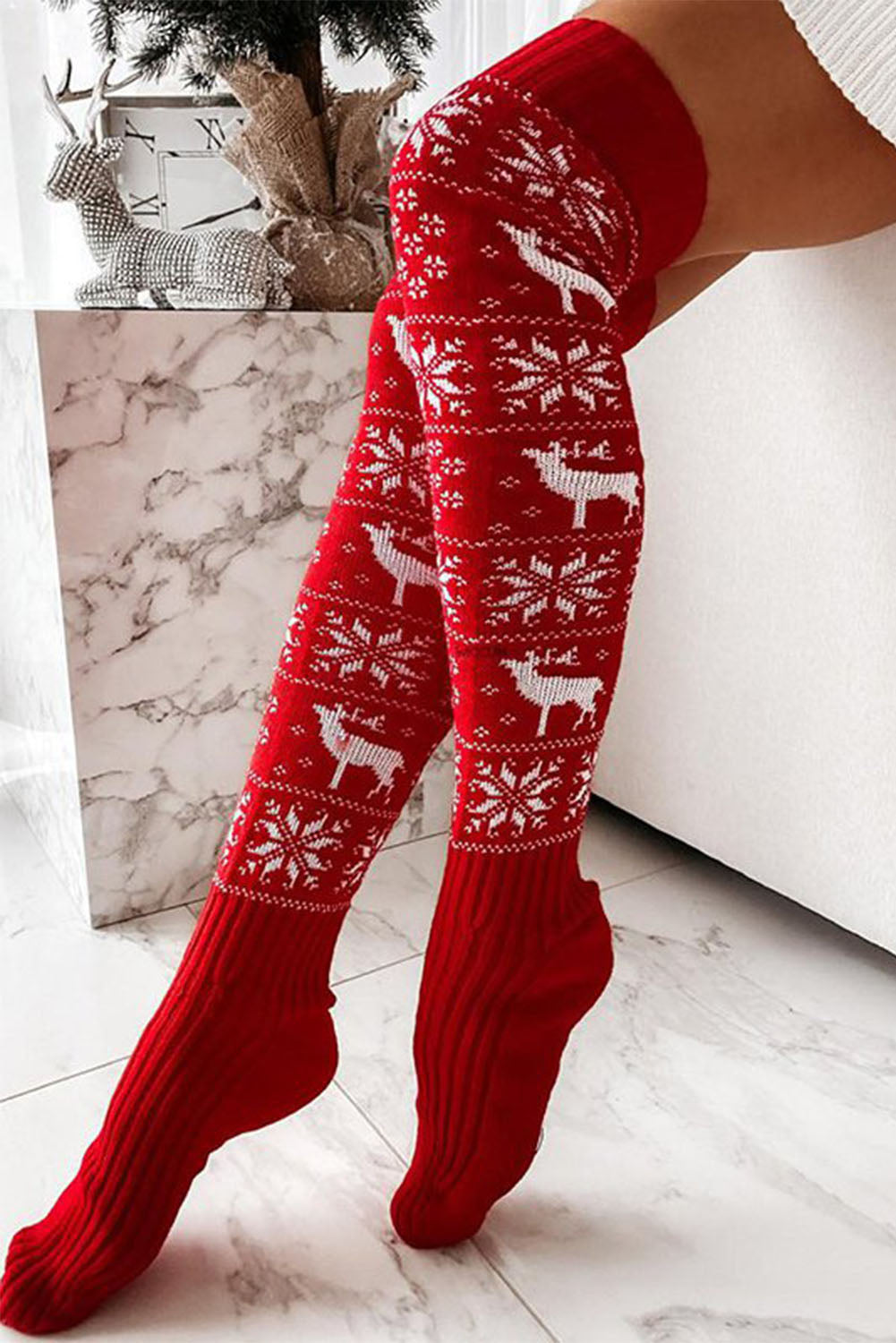 Christmas Snowflake Reindeer Pattern Knee High Socks