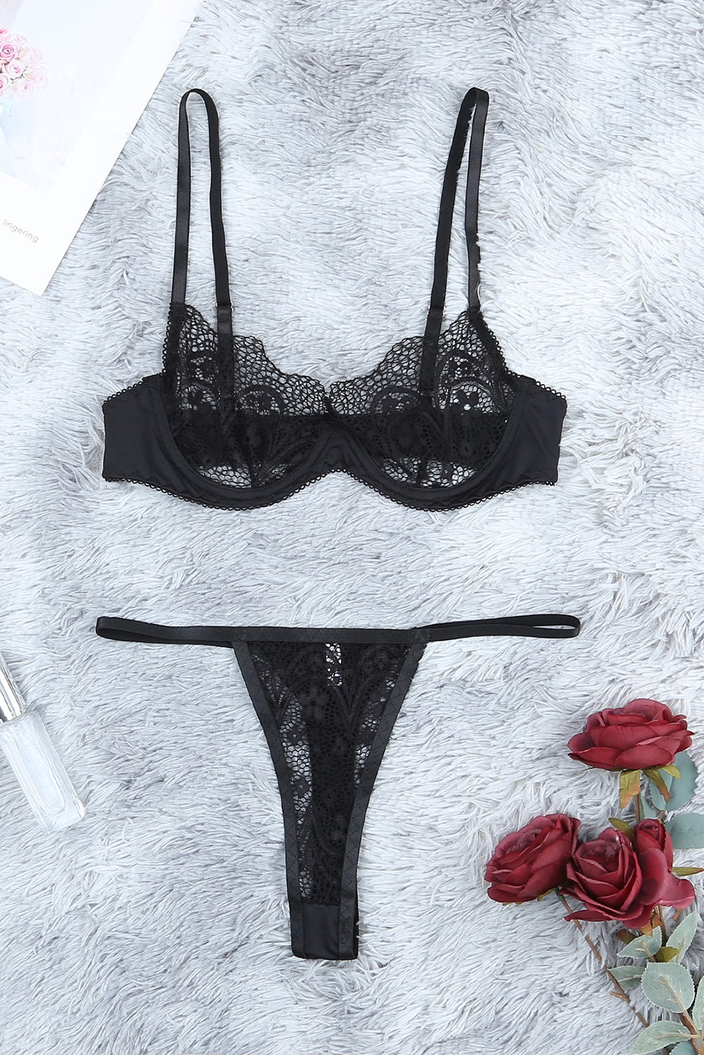 Sheer Lace Bra and Panty Set with Garter Belts