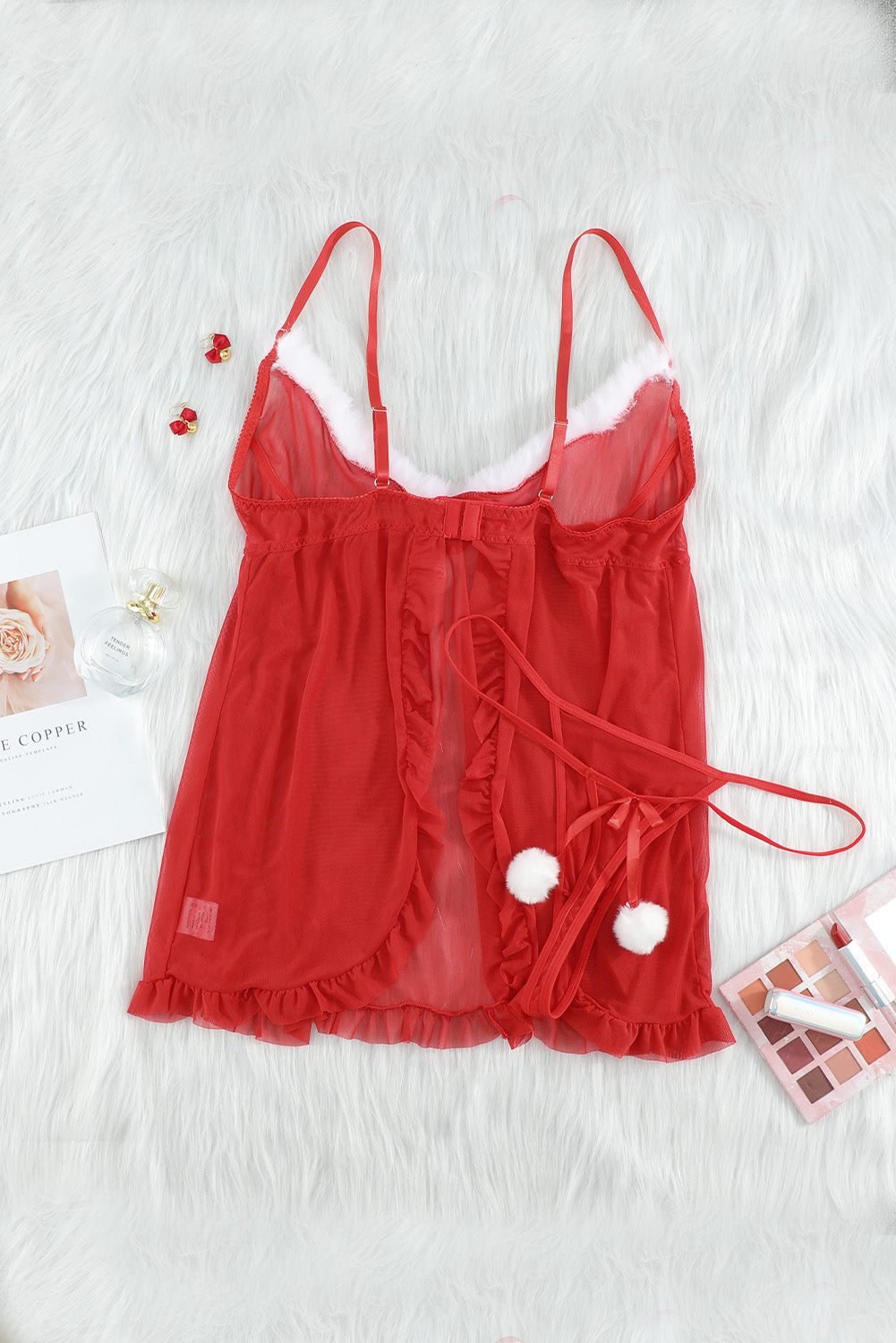 Plus Size Christmas Night Marabou Neckline Babydoll Set