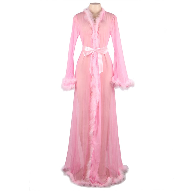 Plus Size Lace Long Sheer Furry Night Robe