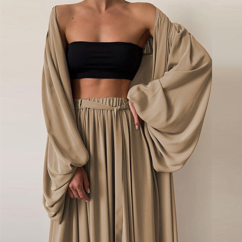 3 Piece  Casual Lantern Sleeve Cardigan Set