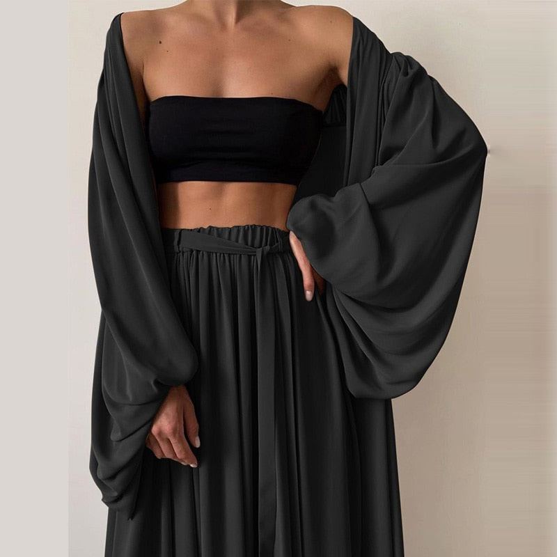 3 Piece  Casual Lantern Sleeve Cardigan Set