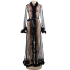 Plus Size Lace Long Sheer Furry Night Robe