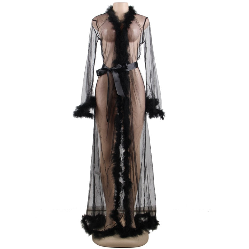 Plus Size Lace Long Sheer Furry Night Robe
