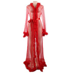 Plus Size Lace Long Sheer Furry Night Robe
