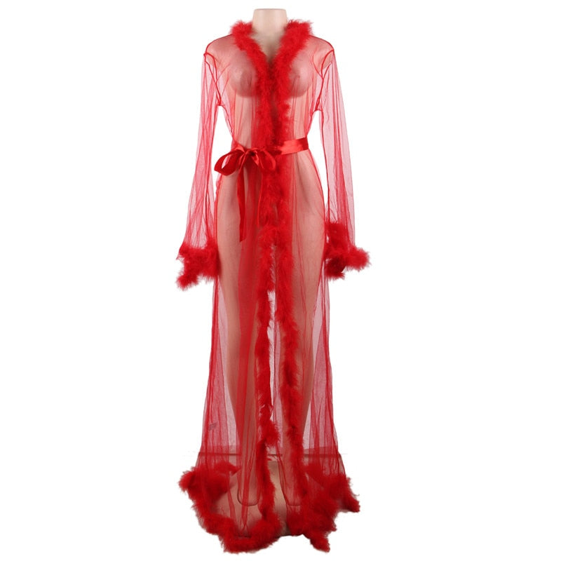 Plus Size Lace Long Sheer Furry Night Robe