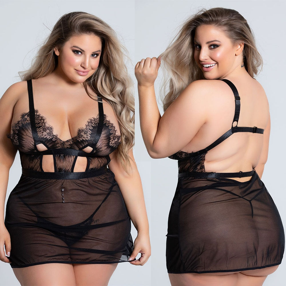 Plus Size Sexy Lace Strap Feather Baby Doll