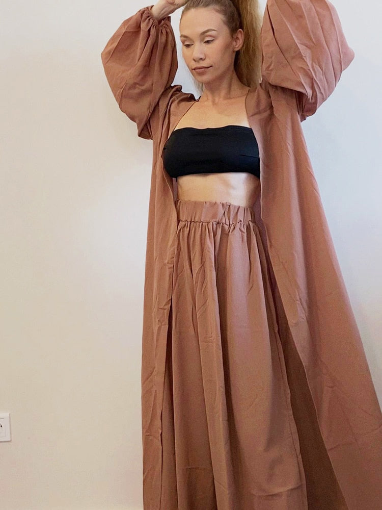 3 Piece  Casual Lantern Sleeve Cardigan Set