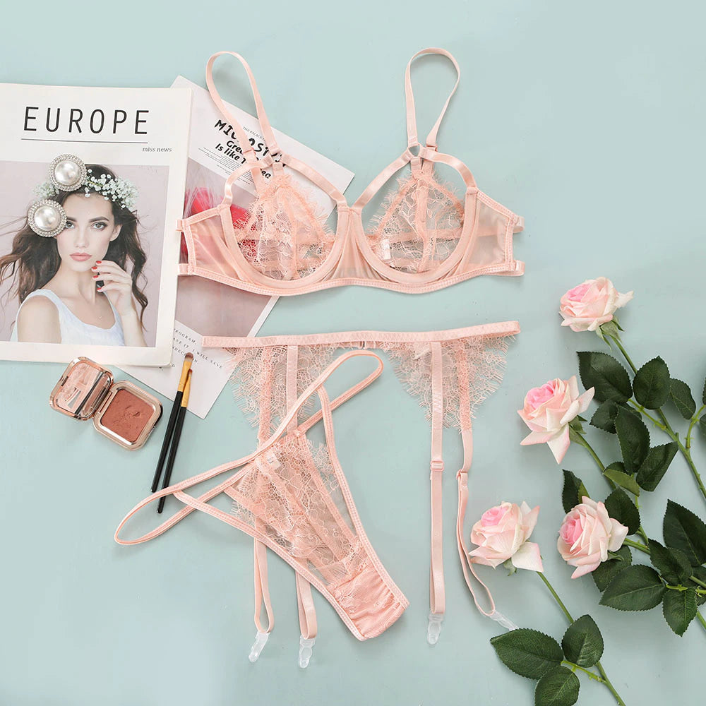 Sensual Pink Feather Lace Garter Set