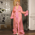Plus Size Lace Long Sheer Furry Night Robe